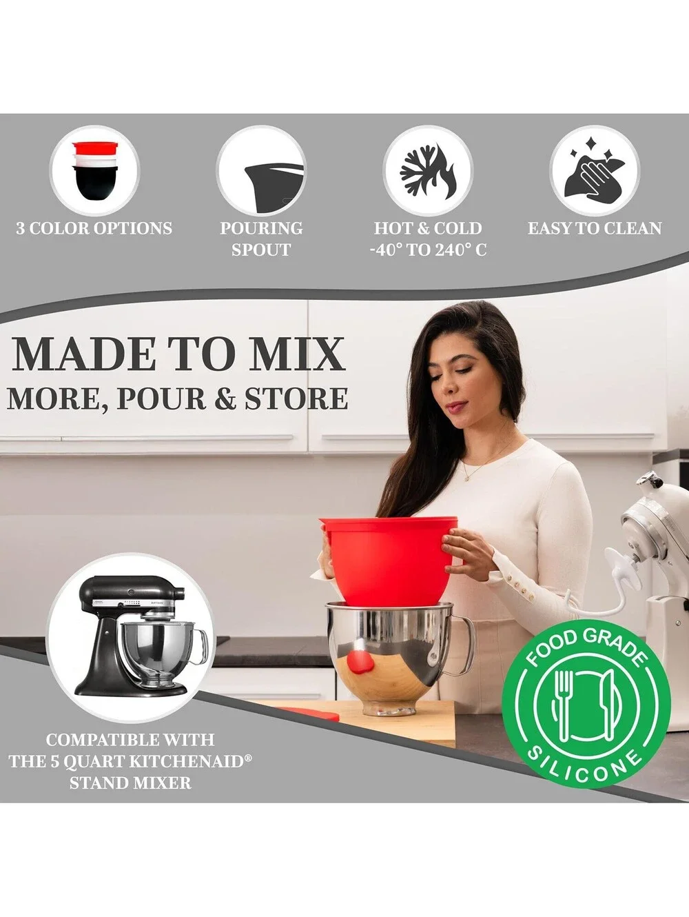 3-Pack Silicone Bowl Liners with Lids Compatible with 5 Qt KitchenAid Mixer